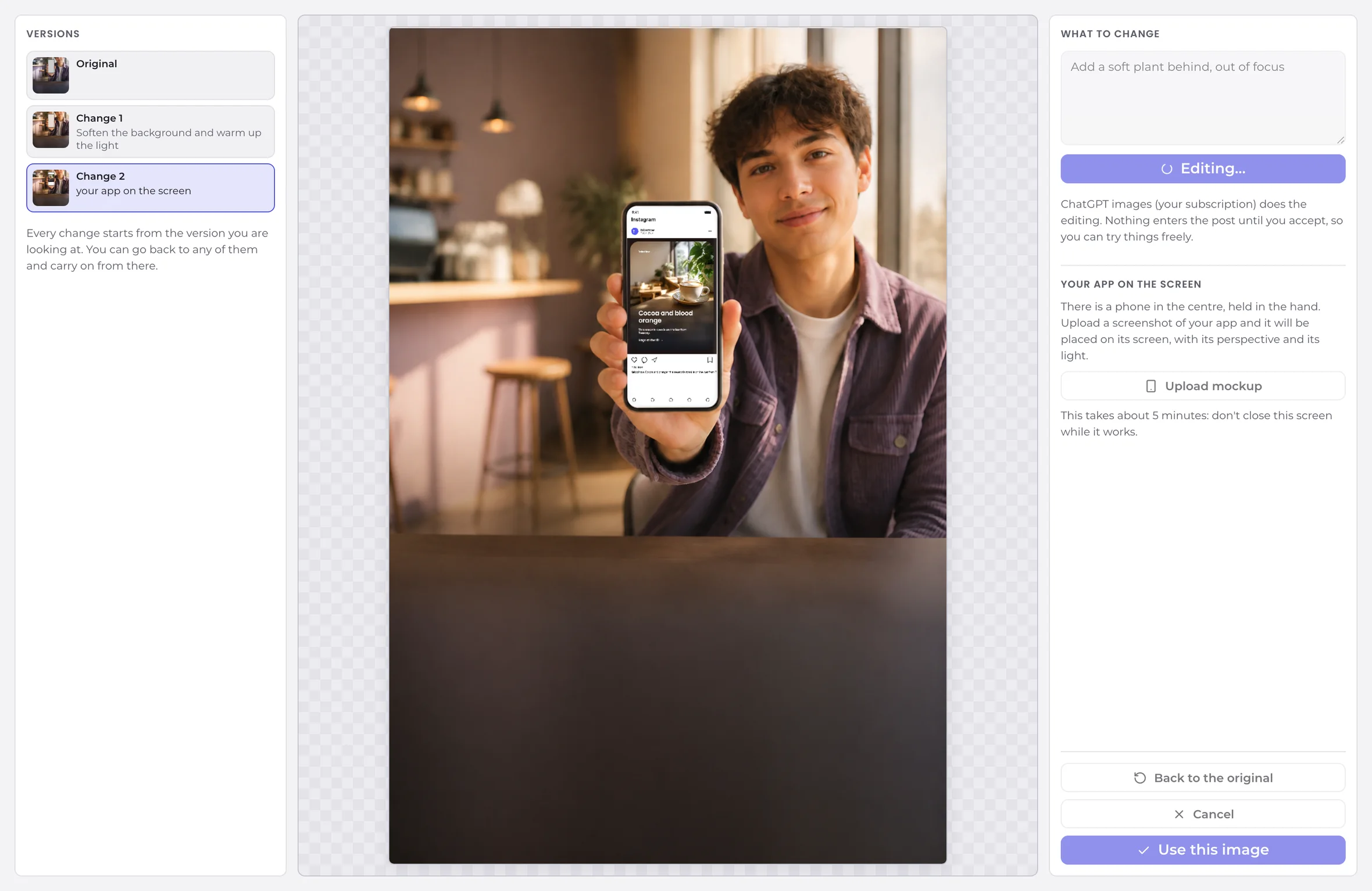 PostCreator's image editor: a person holding a phone, the versions on the left, the request on the right, and the AI working on a third change.