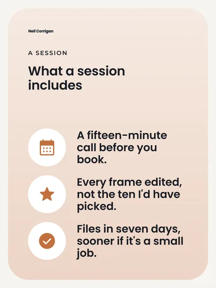 A post listing what a photo session includes.