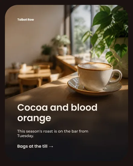A coffee shop post: a photo of the room and the headline «Cocoa and blood orange».