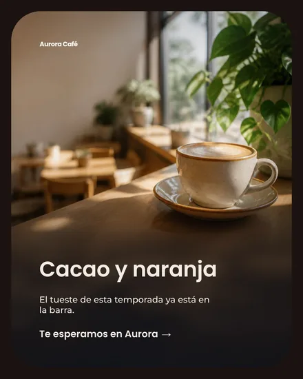 Publicación de una cafetería con foto del local y el titular «Cacao y naranja».