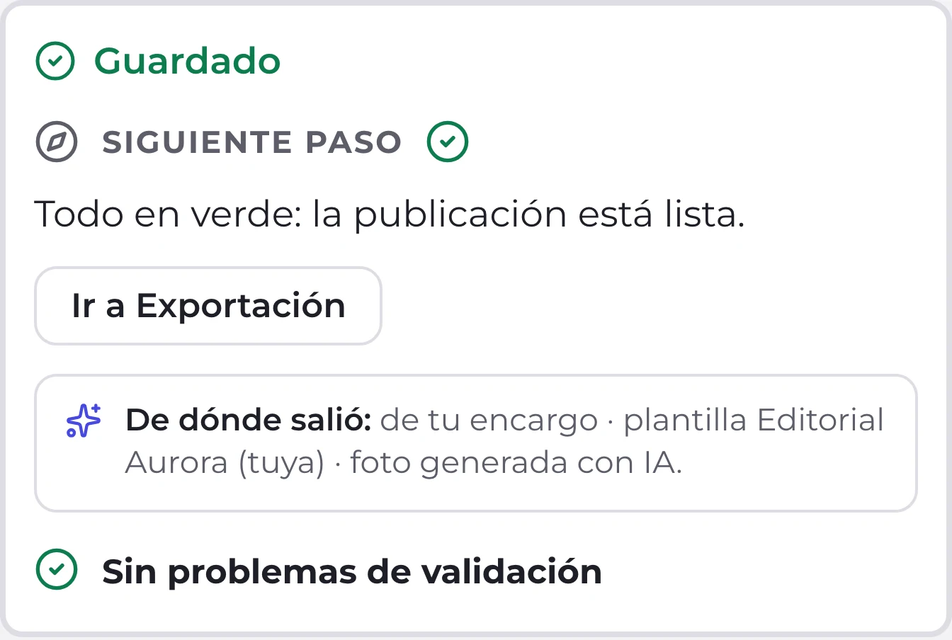 La tarjeta de estado de la publicación: guardada, sin problemas de validación y lista para exportar.
