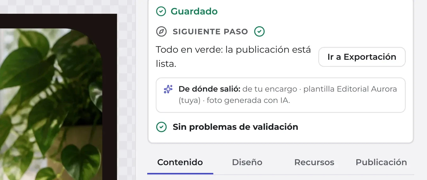 La esquina de la publicación sobre el tablero del lienzo, junto al panel que la da por lista para exportar.