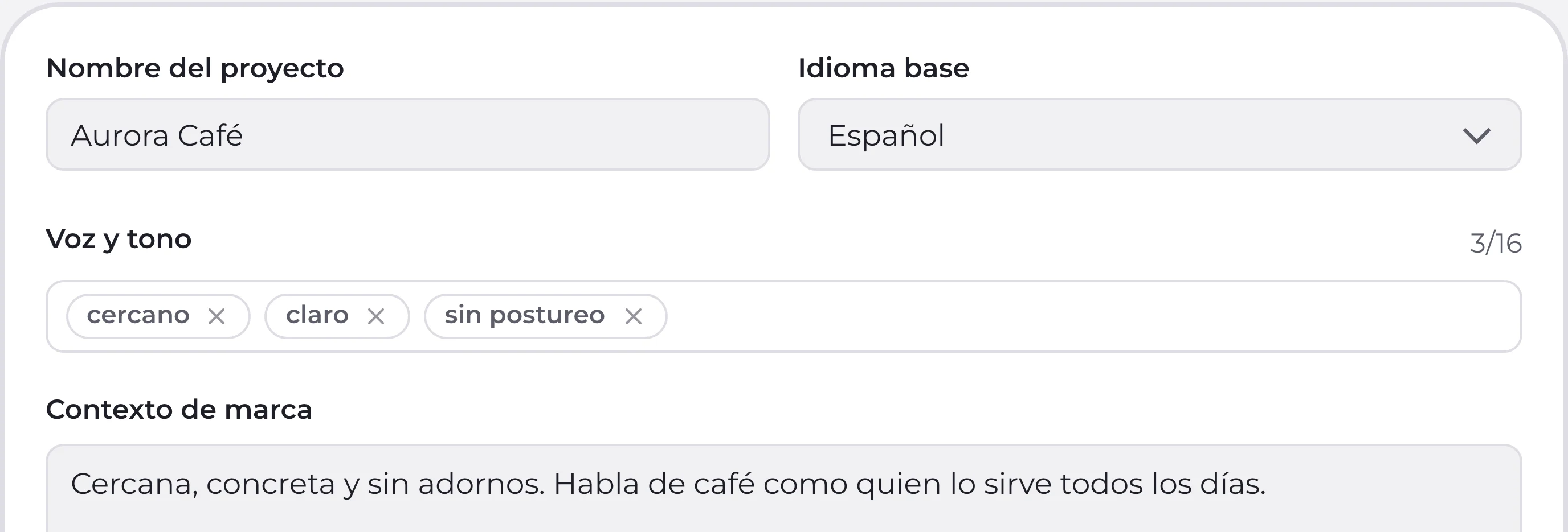 El bloque de marca y voz del briefing: nombre, idioma, el tono en etiquetas, el contexto y las notas.